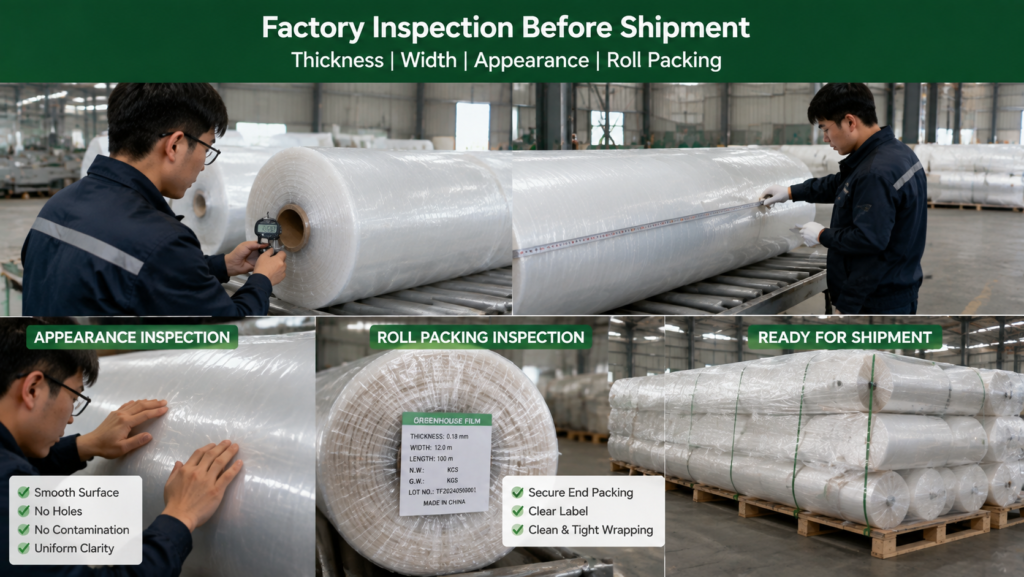 Factory inspection of greenhouse film thickness, width, appearance and roll packing before shipment