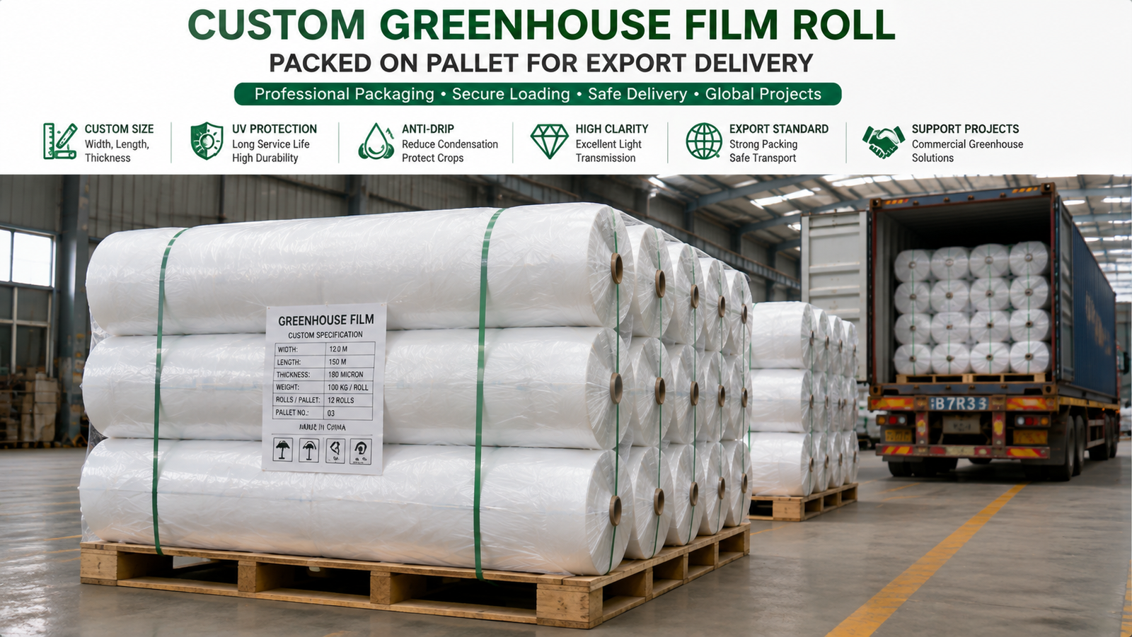 Custom greenhouse plastic roll packed on pallet for export delivery to a commercial greenhouse project