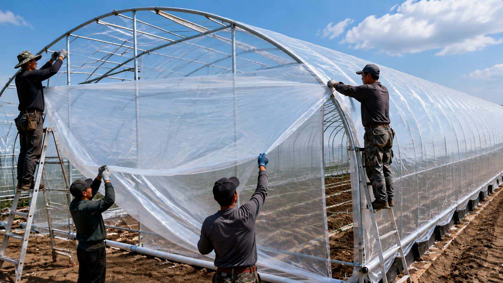 Workers installing greenhouse plastic sheeting over a commercial metal hoop house frame