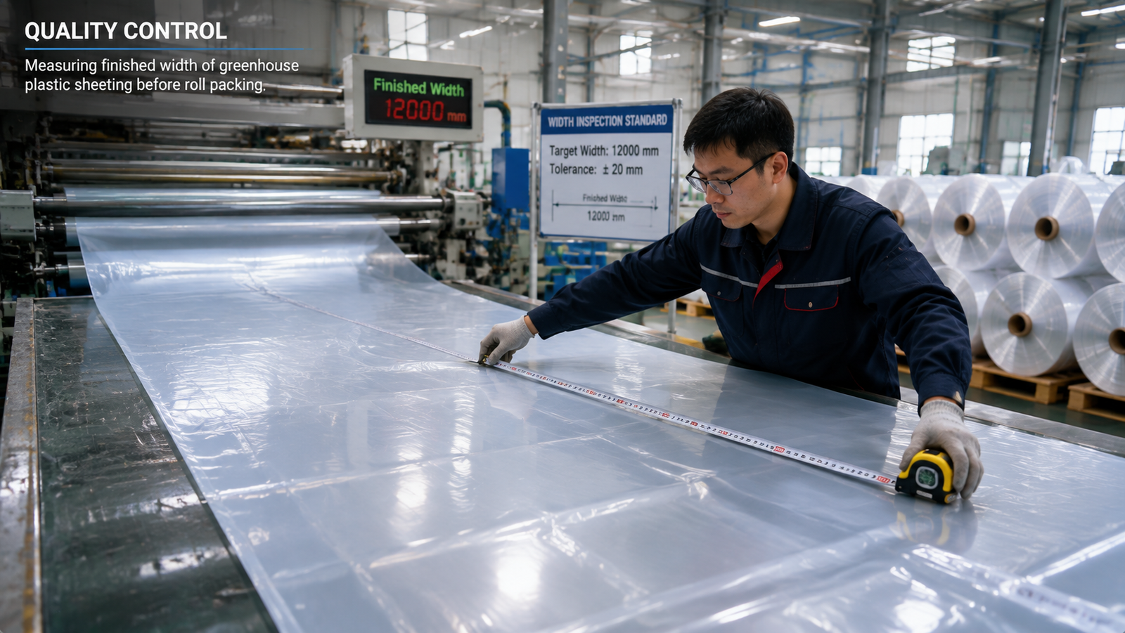 Factory technician measuring the finished width of greenhouse plastic sheeting before roll packing