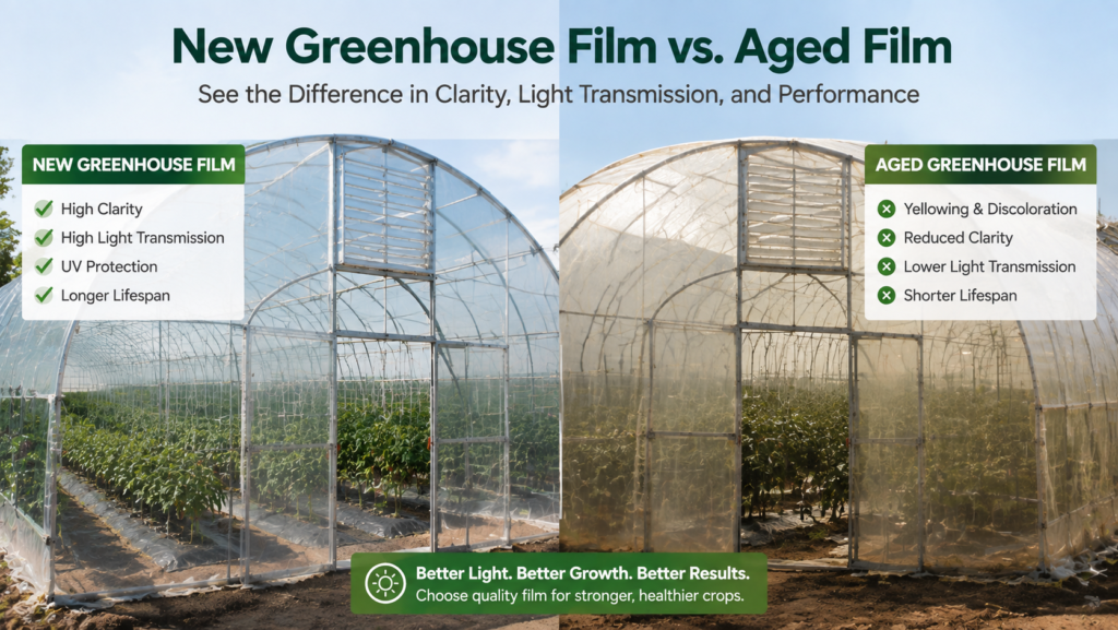 New greenhouse film compared with aged film showing yellowing and reduced clarity
