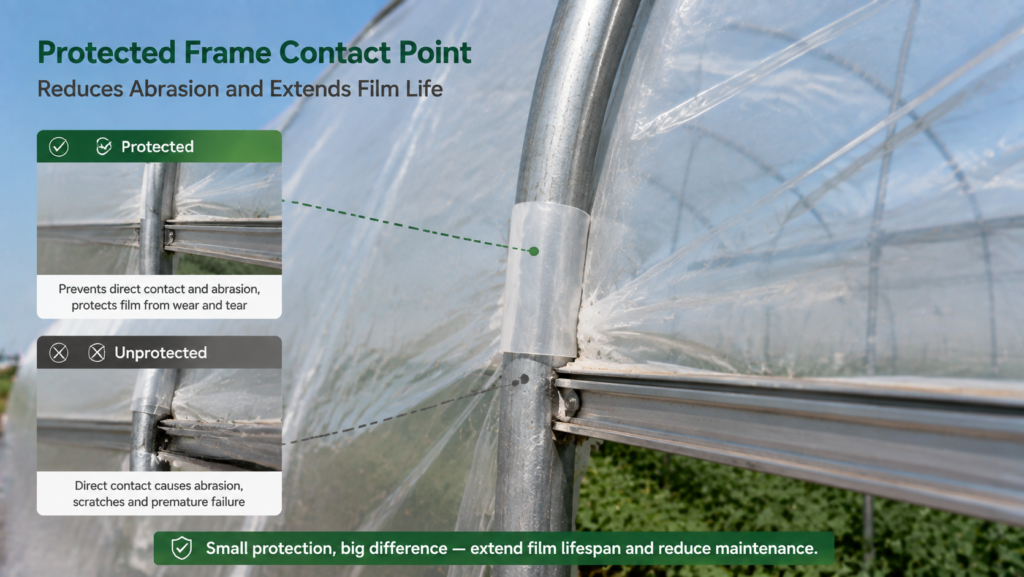 Protected greenhouse frame contact point reducing abrasion on installed plastic film