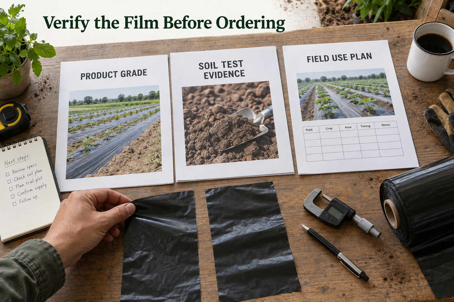 Illustrated buyer workbench with black mulch samples, a micrometer, and documents for product grade, soil test evidence and field use.
