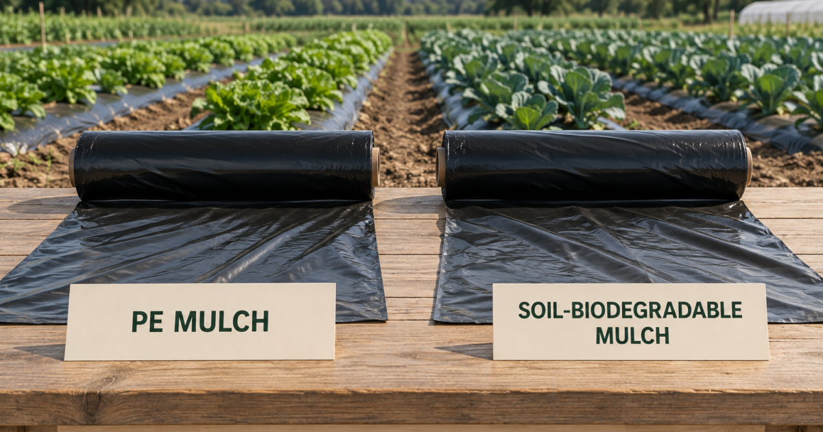 Illustration of similar-looking black PE and soil-biodegradable mulch rolls, showing that appearance cannot verify biodegradability.