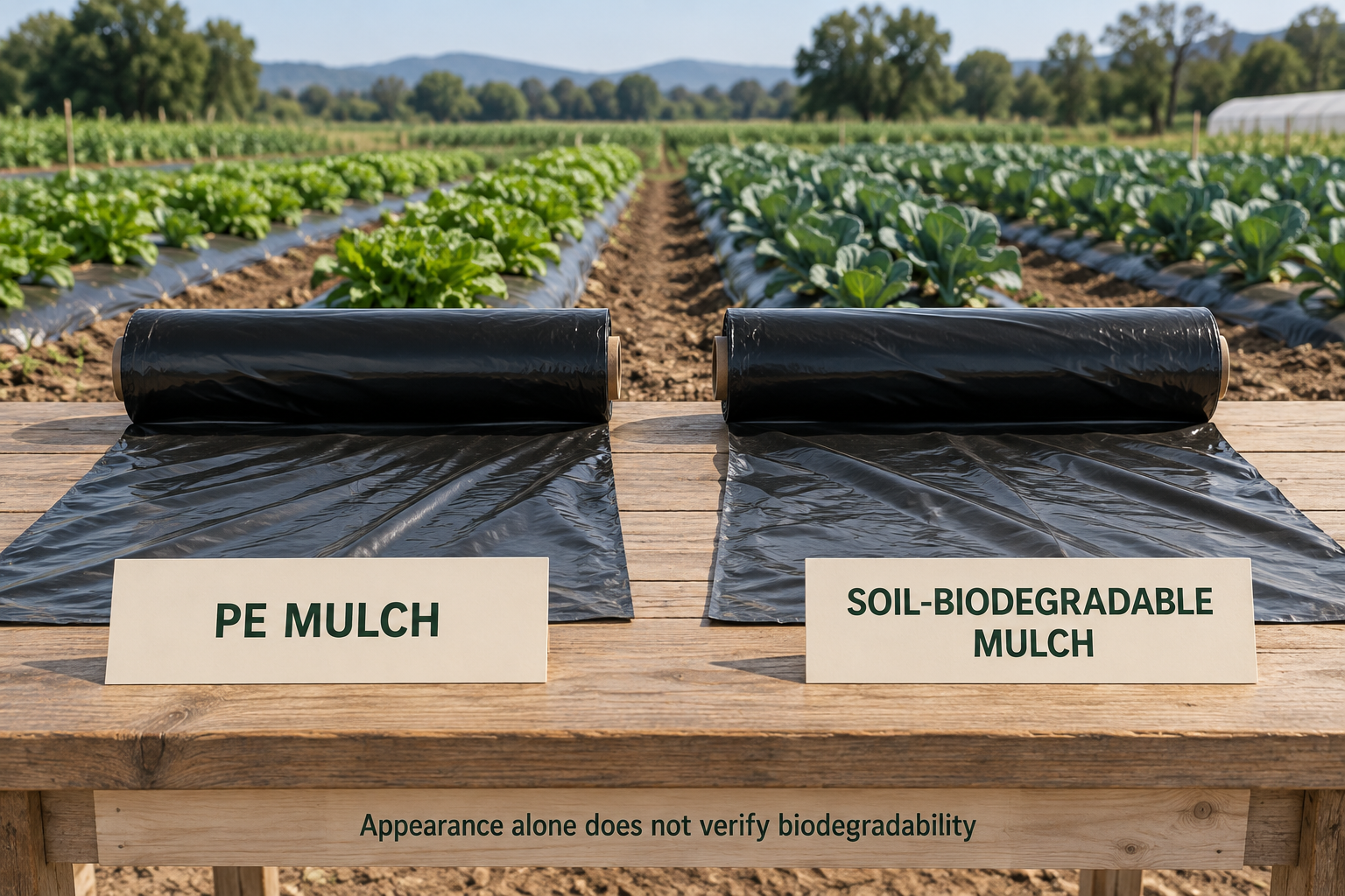 Illustration of similar-looking black PE and soil-biodegradable mulch rolls, showing that appearance cannot verify biodegradability.