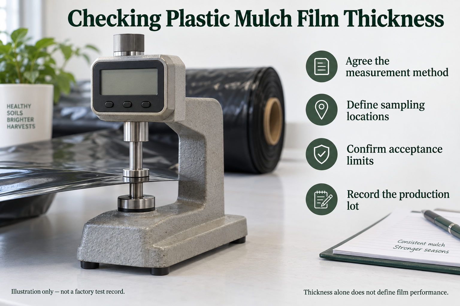 Illustration of a contact thickness gauge checking black plastic mulch film beside a measurement and acceptance checklist.