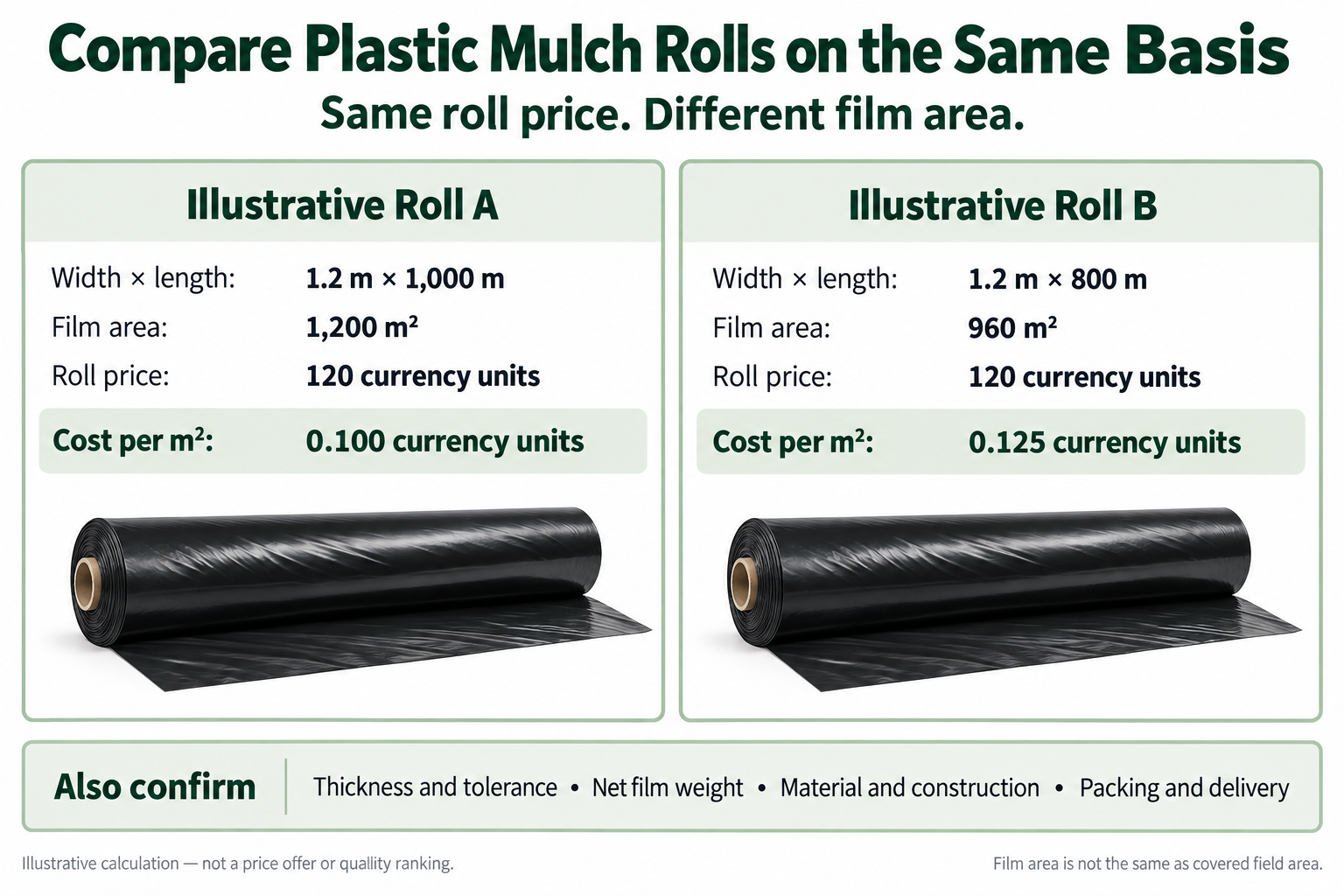 Comparison of two 1.2-meter-wide plastic mulch rolls showing how different roll lengths change film area and cost per square meter.