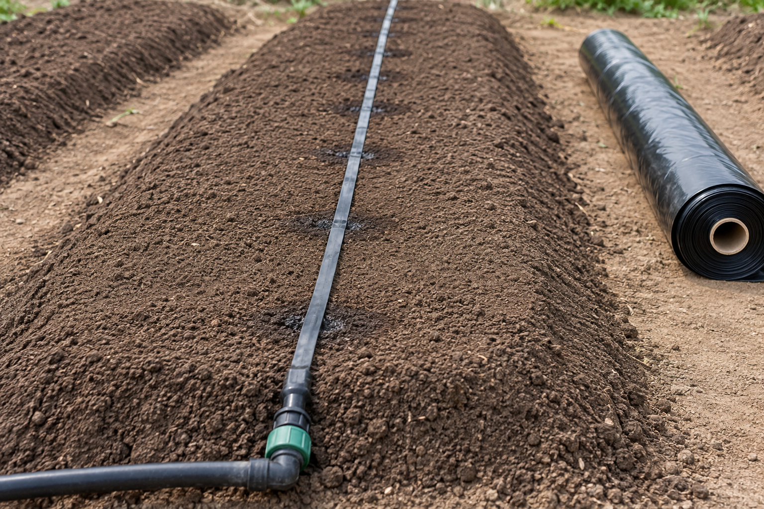 Drip tape connected to an irrigation supply on a prepared soil bed beside a roll of black mulch film