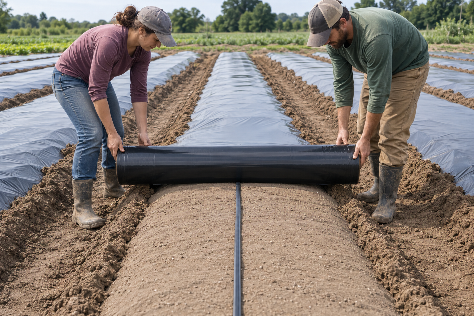 Two workers guiding black plastic mulch over a prepared bed with drip tape positioned ahead of the roll