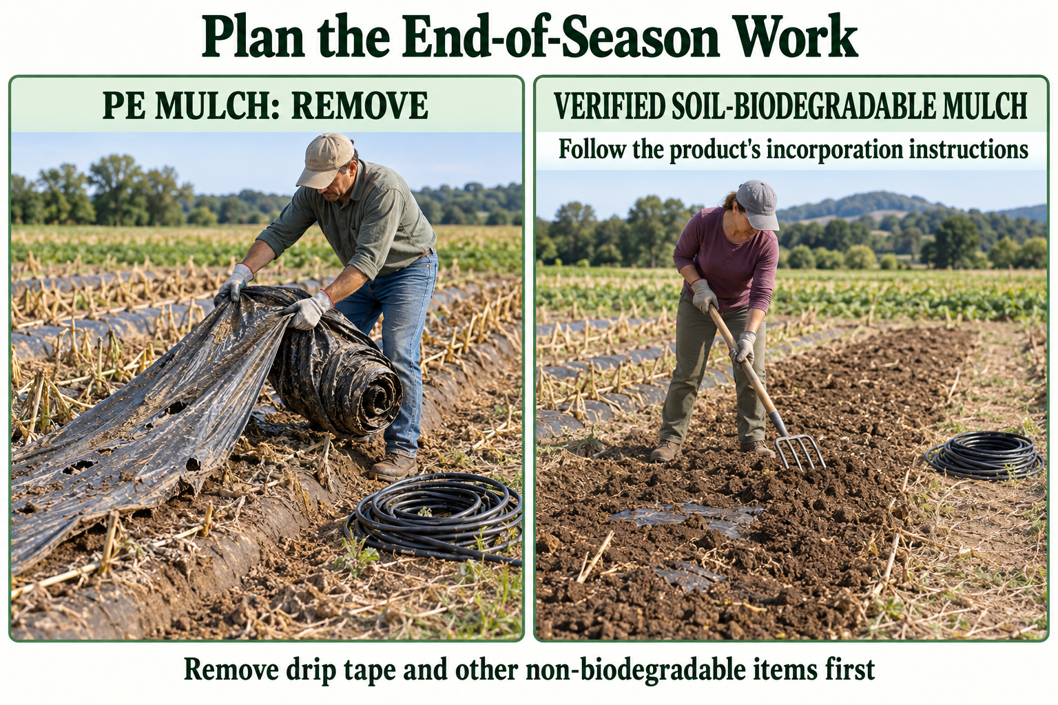 Illustration comparing PE mulch retrieval with managed soil incorporation of a verified soil-biodegradable film after irrigation lines are removed.