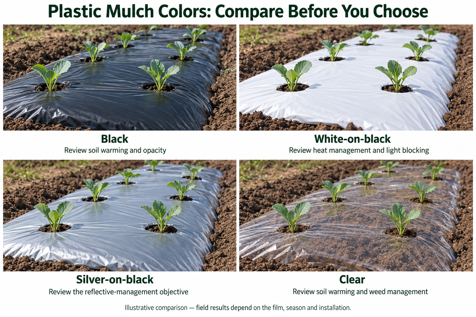 Illustrated comparison of black, white-on-black, silver-on-black and clear plastic mulch covering vegetable beds.