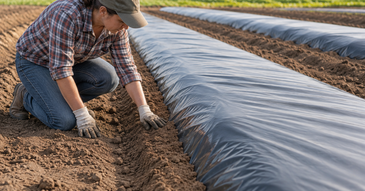 Worker checking the continuous soil cover over the edge of newly laid black plastic mulch