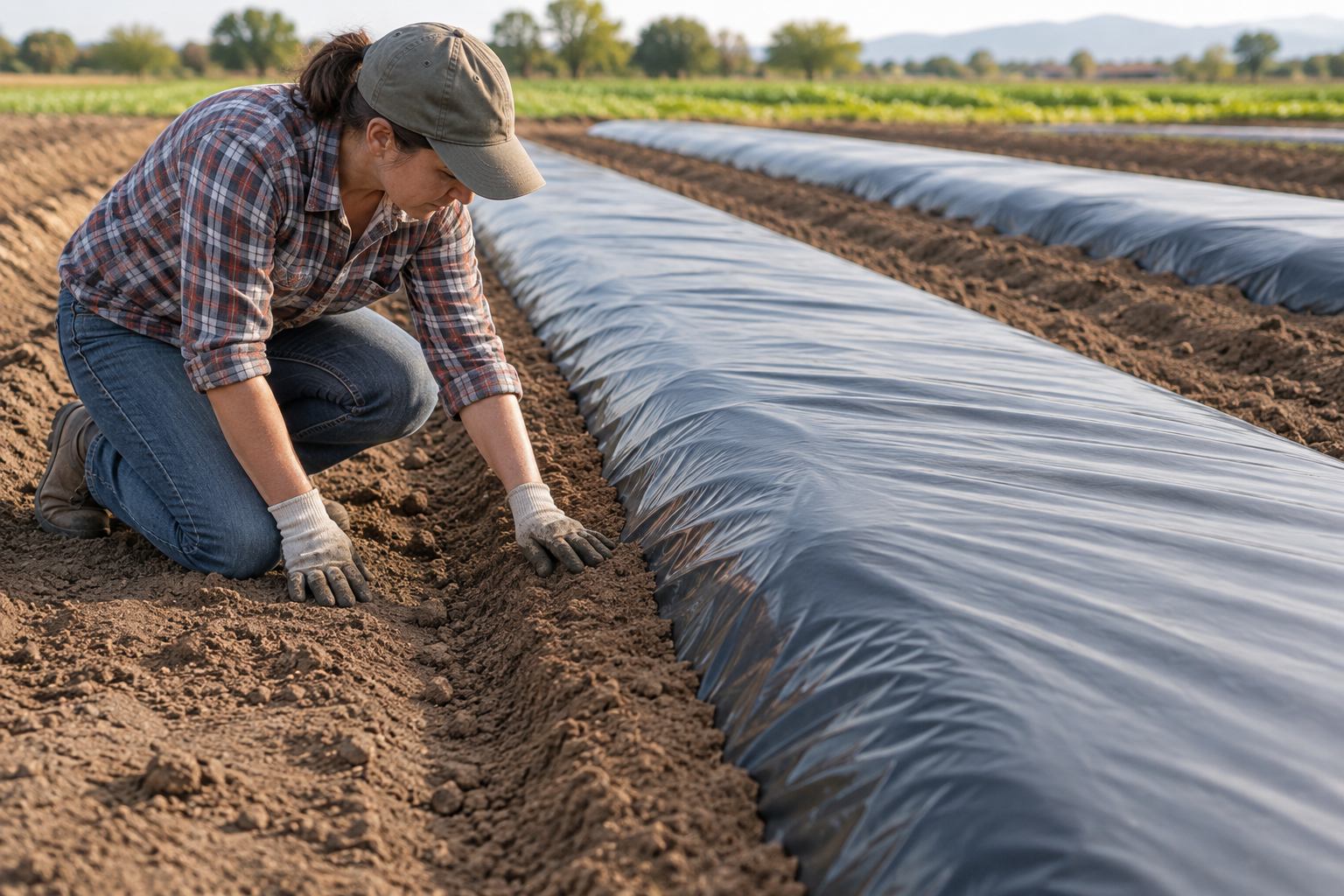 Worker checking the continuous soil cover over the edge of newly laid black plastic mulch