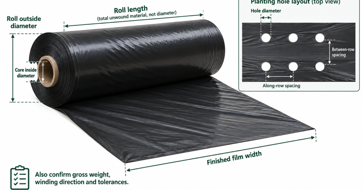 Illustrated mulch roll with film width, core inside diameter and roll outside diameter labels, plus a planting-hole spacing diagram.