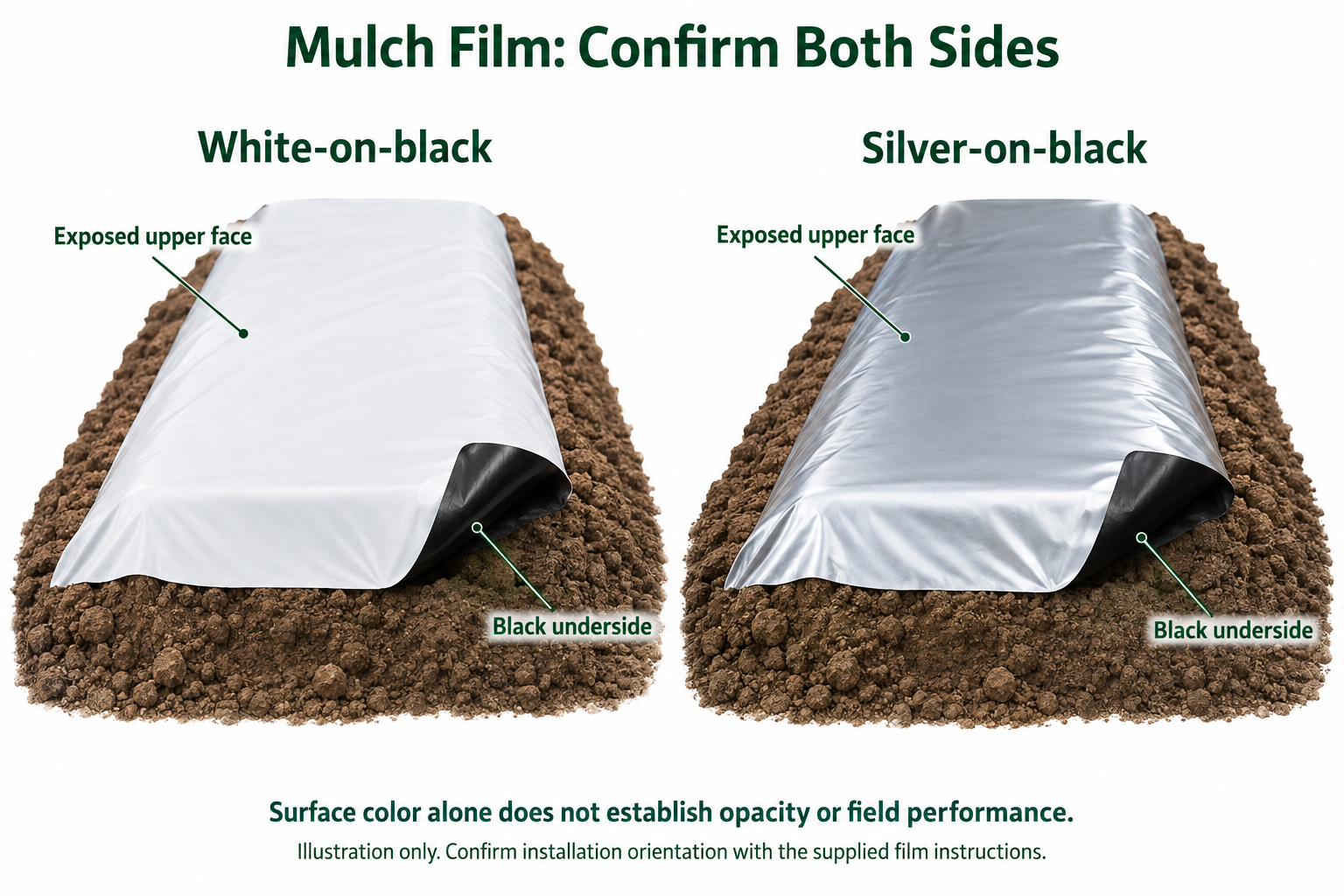 White-on-black and silver-on-black mulch film illustrations with curled corners revealing their black undersides.
