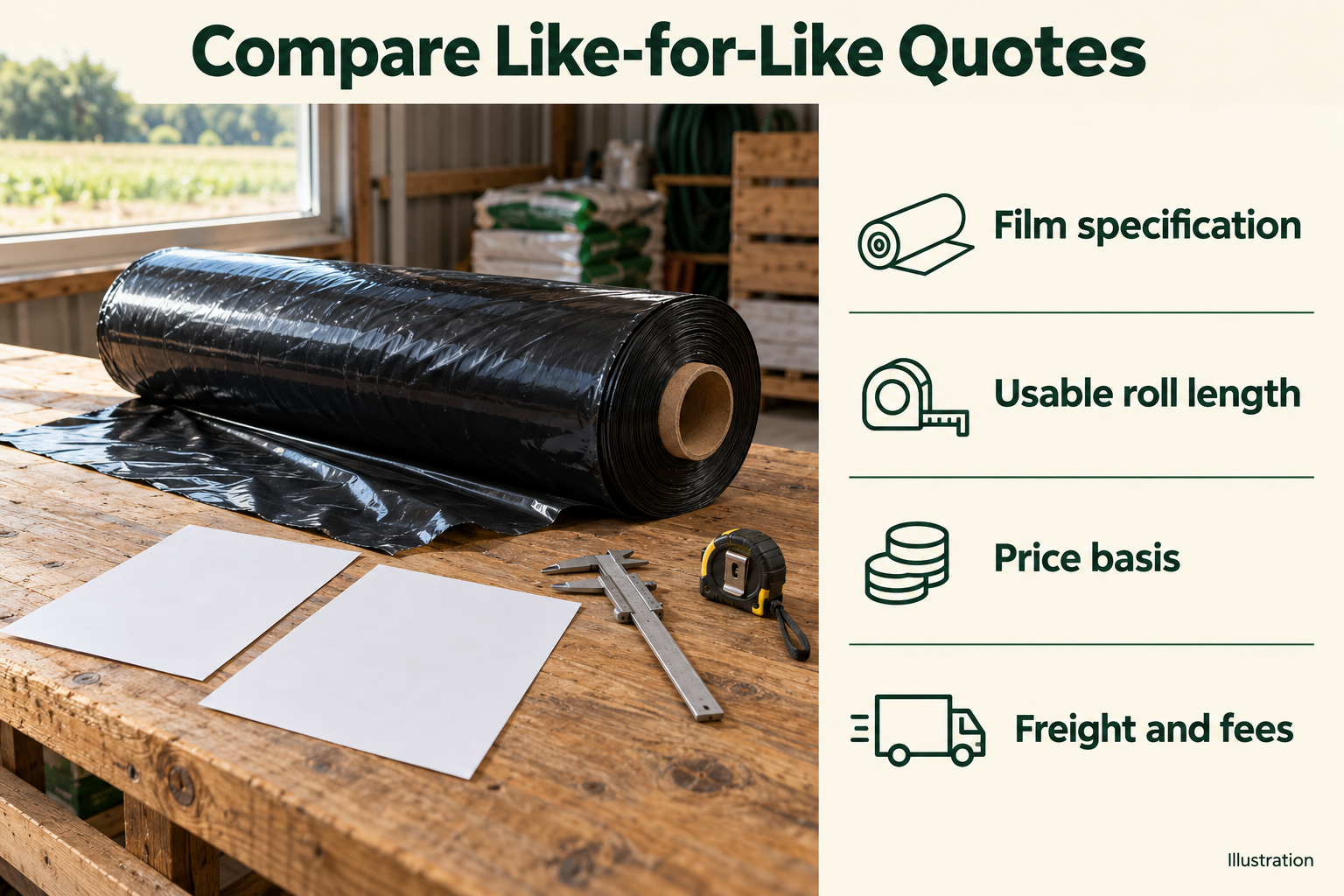 Illustration of a black mulch roll and blank quote papers beside four checks: film specification, usable roll length, price basis, and freight and fees.