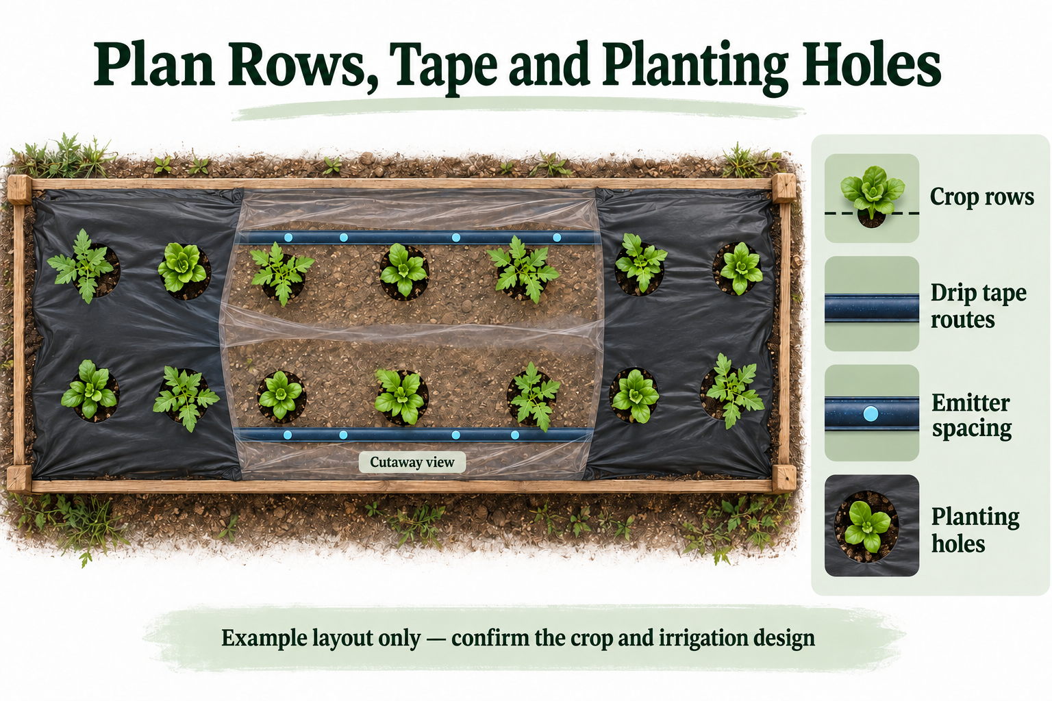 Cutaway plan view distinguishing crop rows, drip-tape routes, emitter spacing and planting holes.