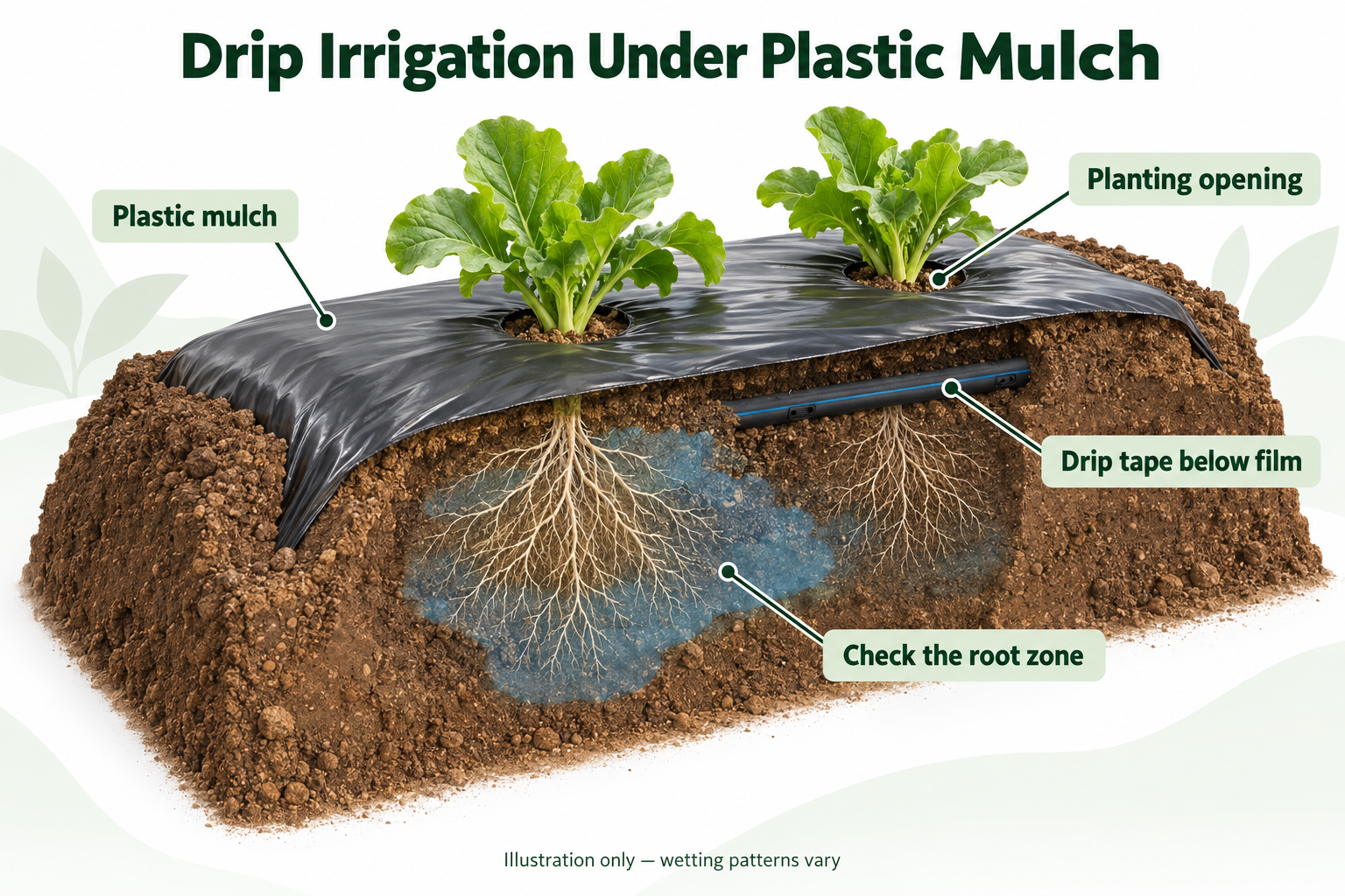 Cross-section of a plastic-mulched crop bed showing drip tape position and the root zone to check.