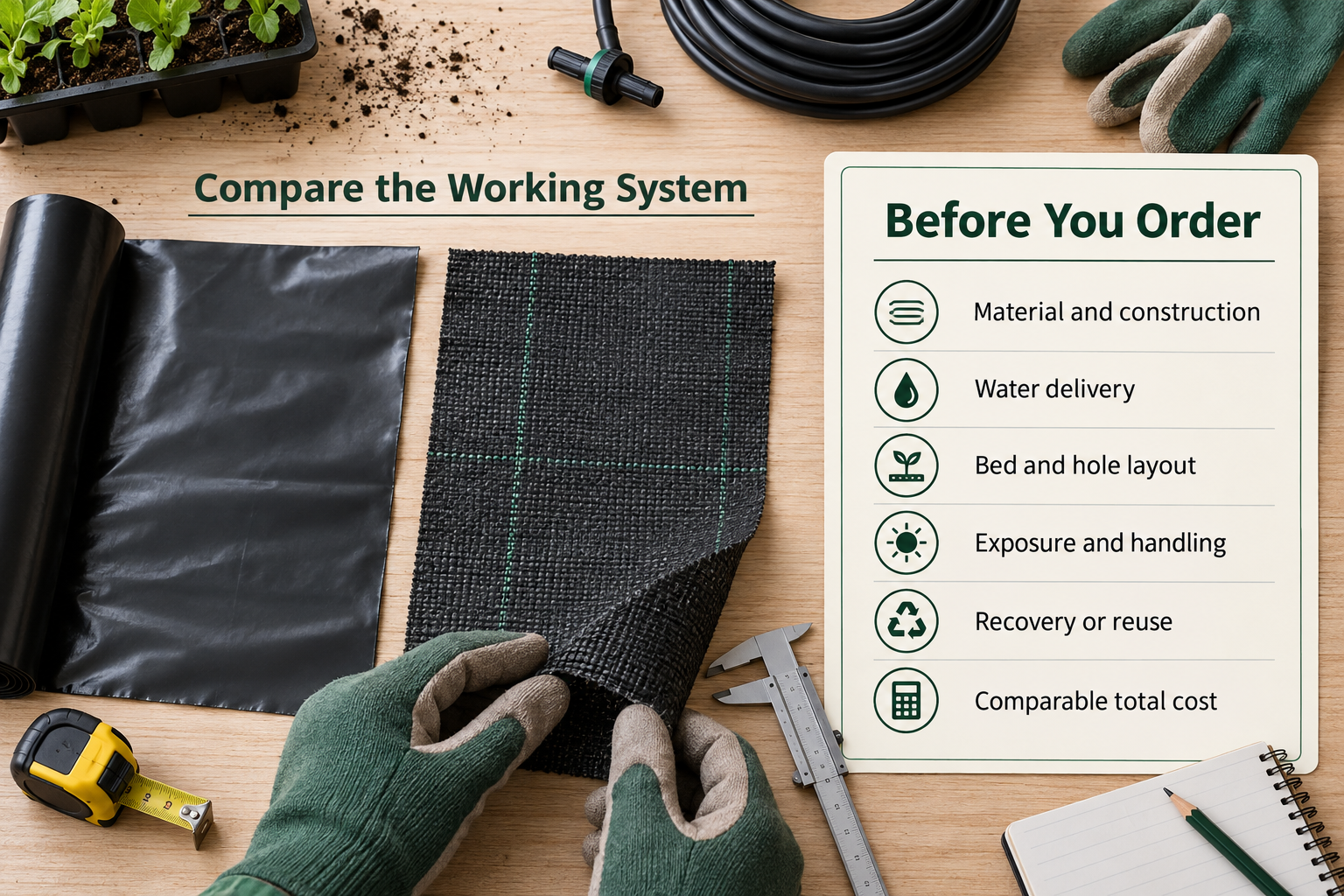 PE film and woven ground-cover samples beside a buyer checklist for water delivery, layout, exposure, recovery and total cost.