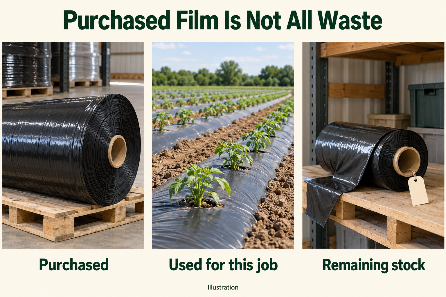 Three-panel illustration showing a new black mulch roll, film installed on crop beds, and a clean partly used roll with a blank inventory tag.