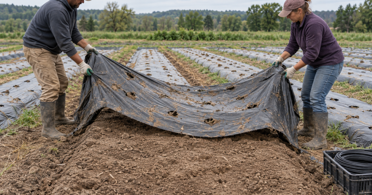 Two gloved workers lifting used black plastic mulch from a harvested bed after freeing the buried edges