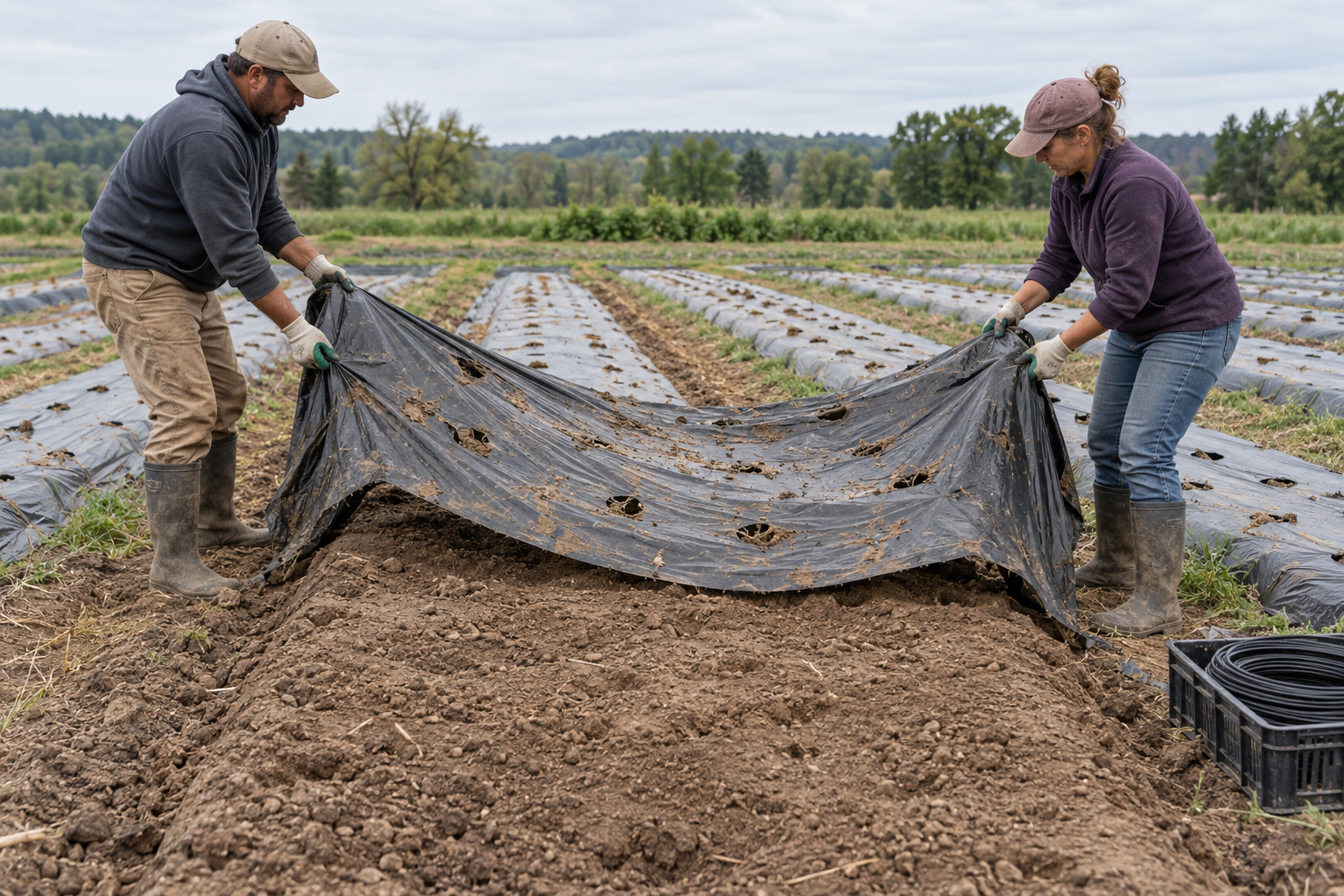 Plastic Mulch Removal After Harvest Two gloved workers lifting used black plastic mulch from a harvested bed after freeing the buried edges