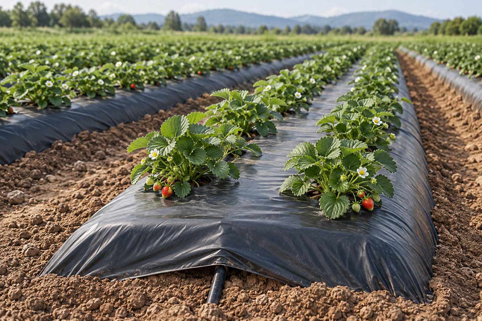 Concept illustration of strawberry plants in two rows on a raised bed covered with black plastic mulch, with soil paths and a drip line at the bed end.