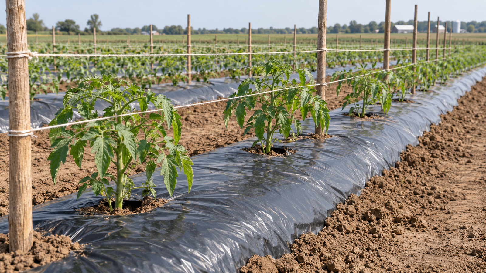 Young tomato plants growing through black plastic mulch on raised beds with wooden stakes and horizontal support twine.