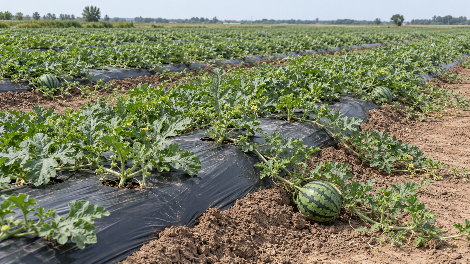Watermelon plants growing through black mulch on raised beds, with vines and fruit extending into the row middles.