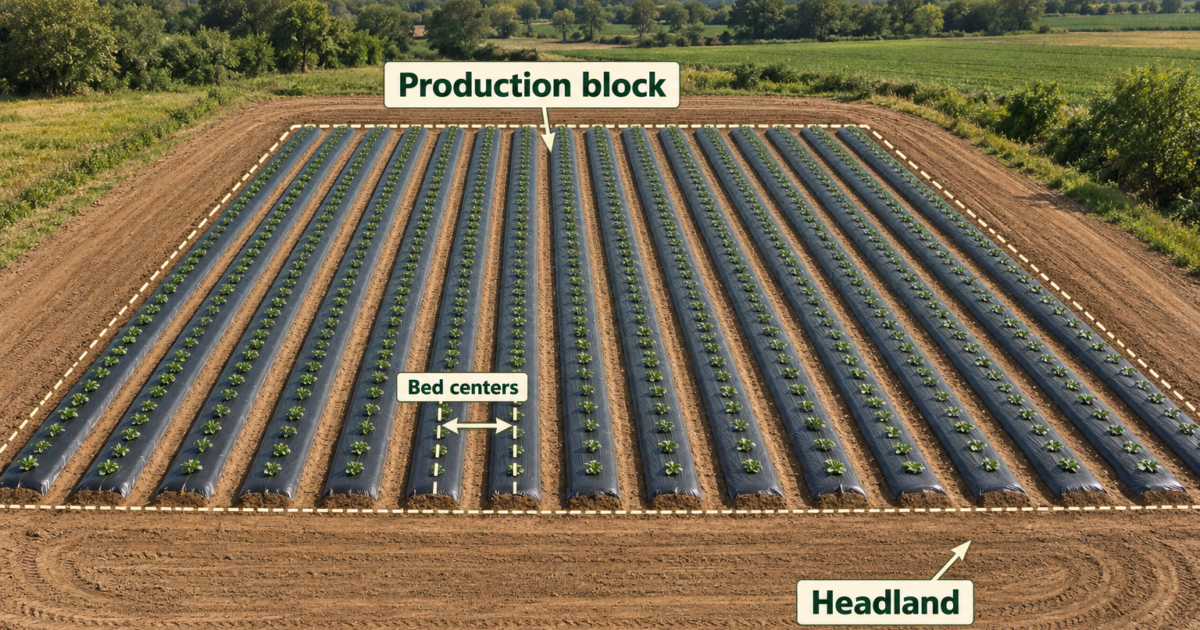Illustration of parallel black mulch beds with center-to-center spacing, a production-block outline and an external bare-soil headland.
