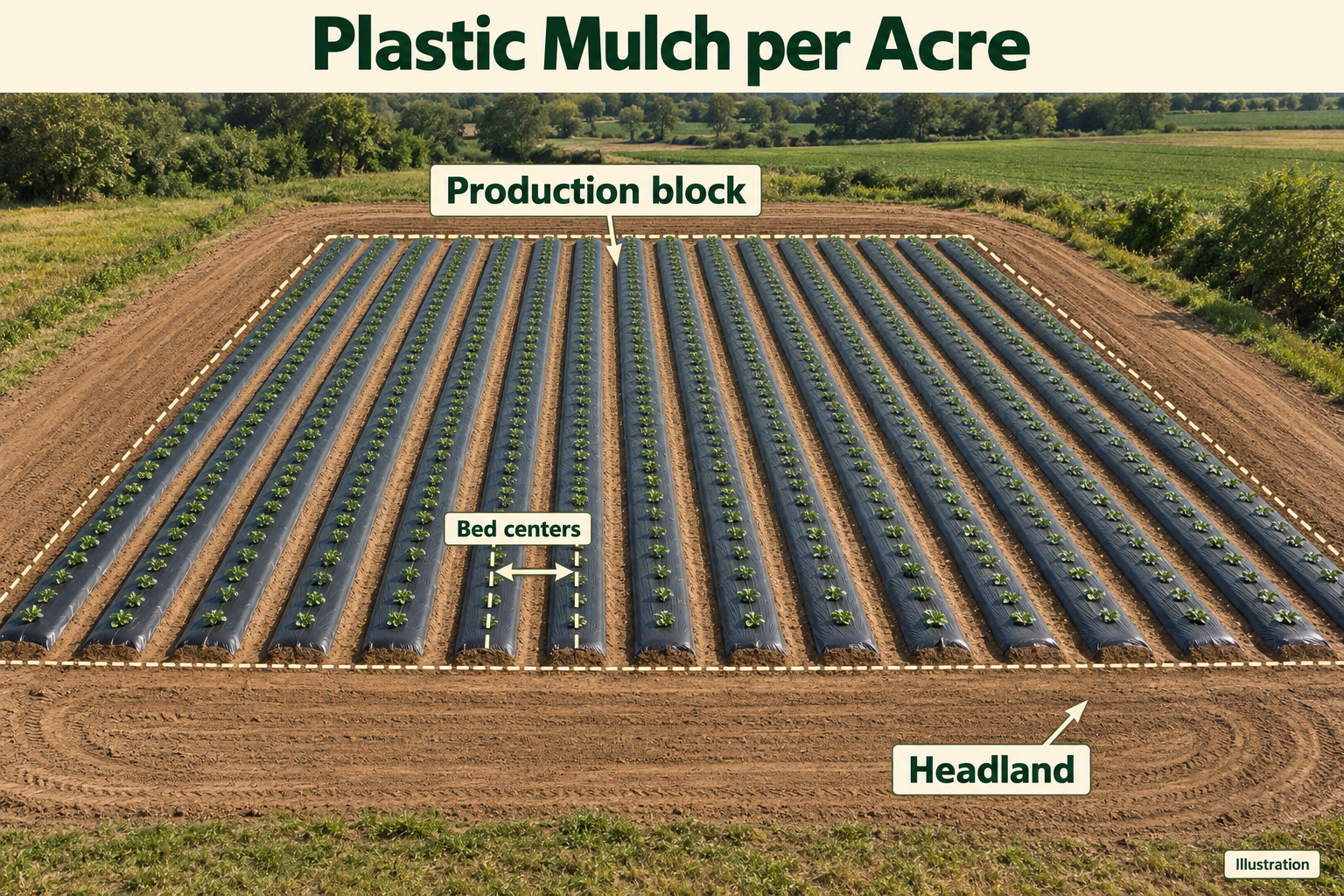 Illustration of parallel black mulch beds with center-to-center spacing, a production-block outline and an external bare-soil headland.