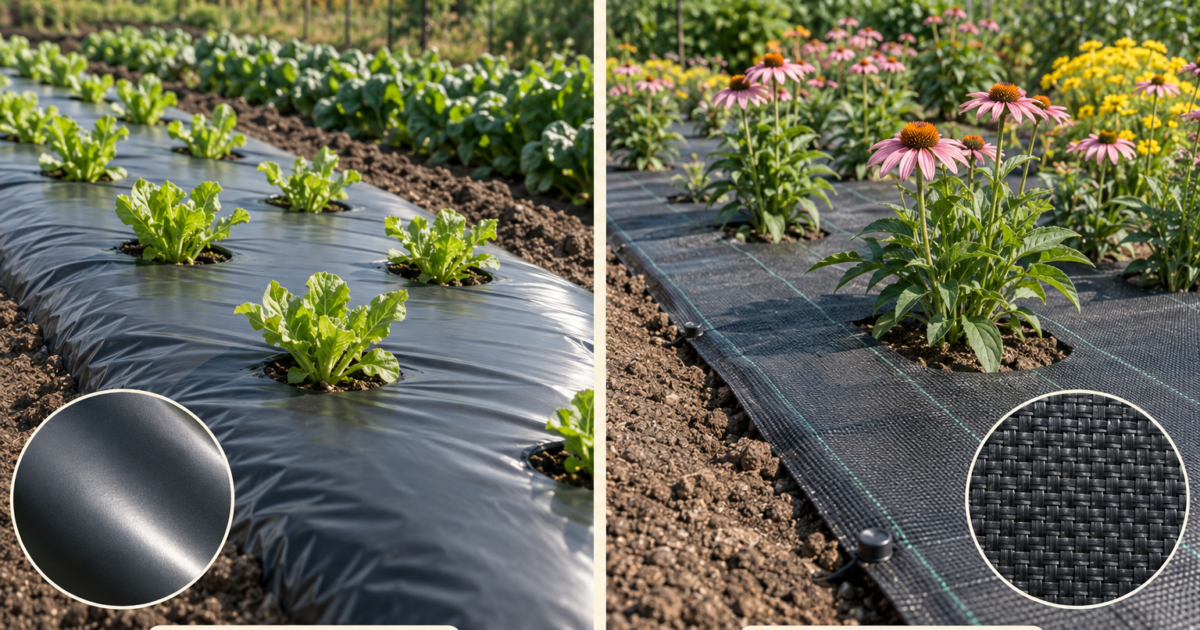 Cutaway illustration showing drip tubing below PE mulch film and woven ground cover, with moisture reaching plant roots.