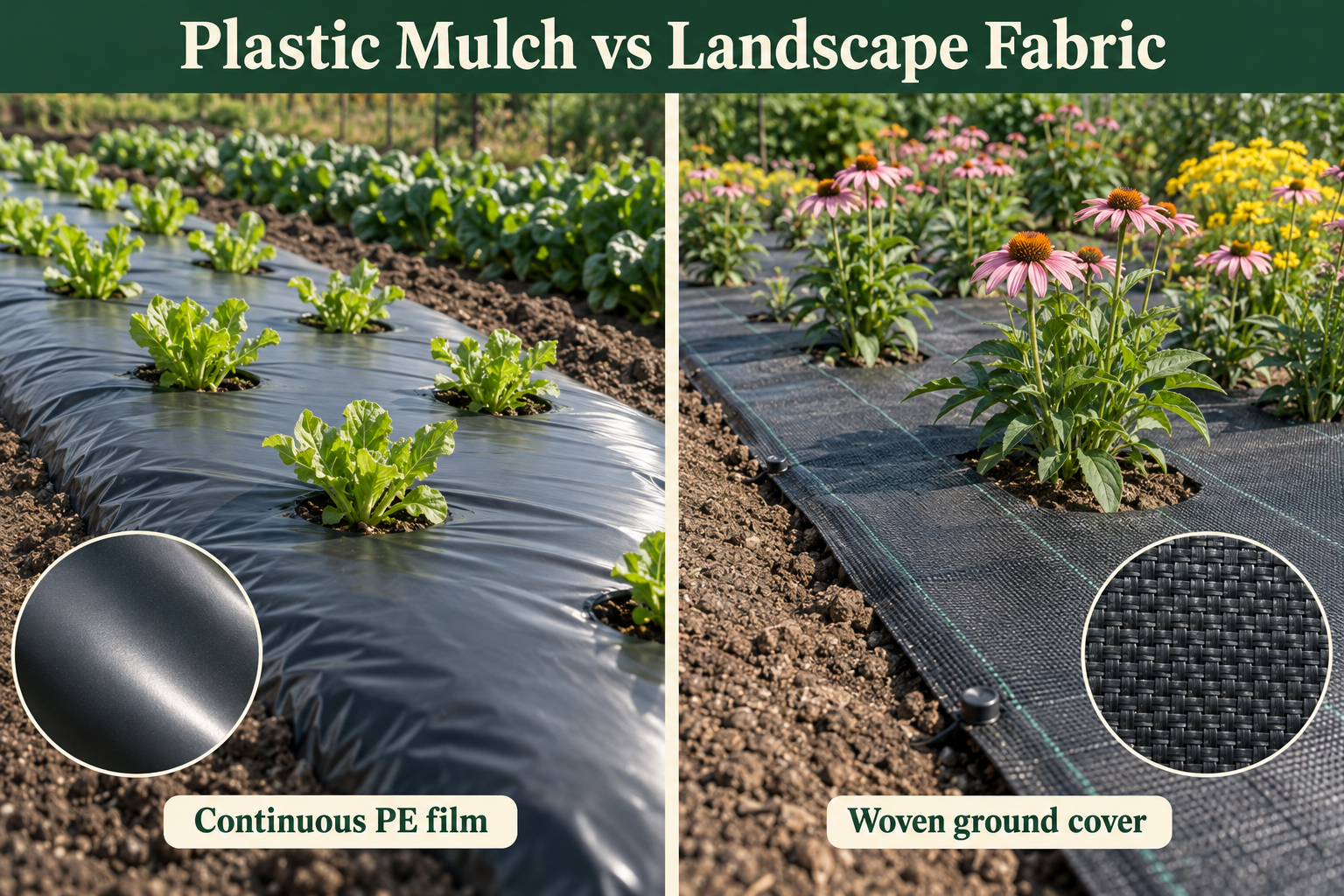 Cutaway illustration showing drip tubing below PE mulch film and woven ground cover, with moisture reaching plant roots.