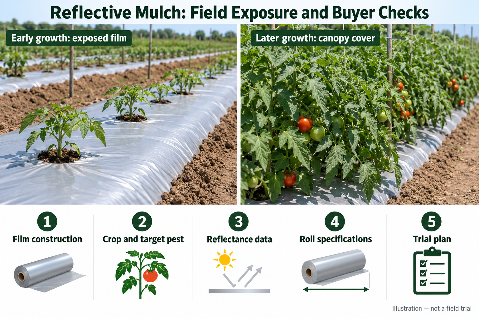 Illustration comparing exposed mulch under young tomatoes with later canopy cover, alongside five film-buying checks.