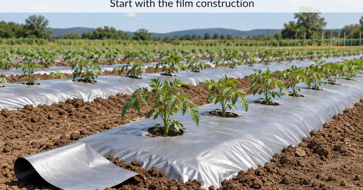Illustration of young tomato plants on silver-faced PE mulch, with a curled sample showing its black underside.