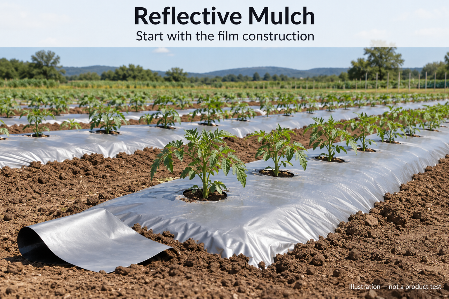 Illustration of young tomato plants on silver-faced PE mulch, with a curled sample showing its black underside.
