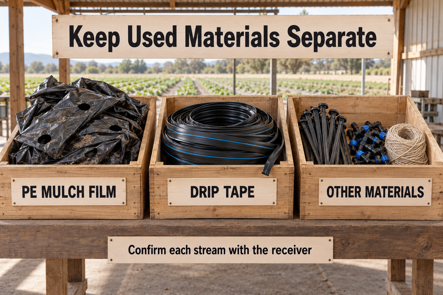 Separate Used Mulch Film from Drip Tape Separate containers holding used PE mulch film, coiled drip tape and other recovered farm materials