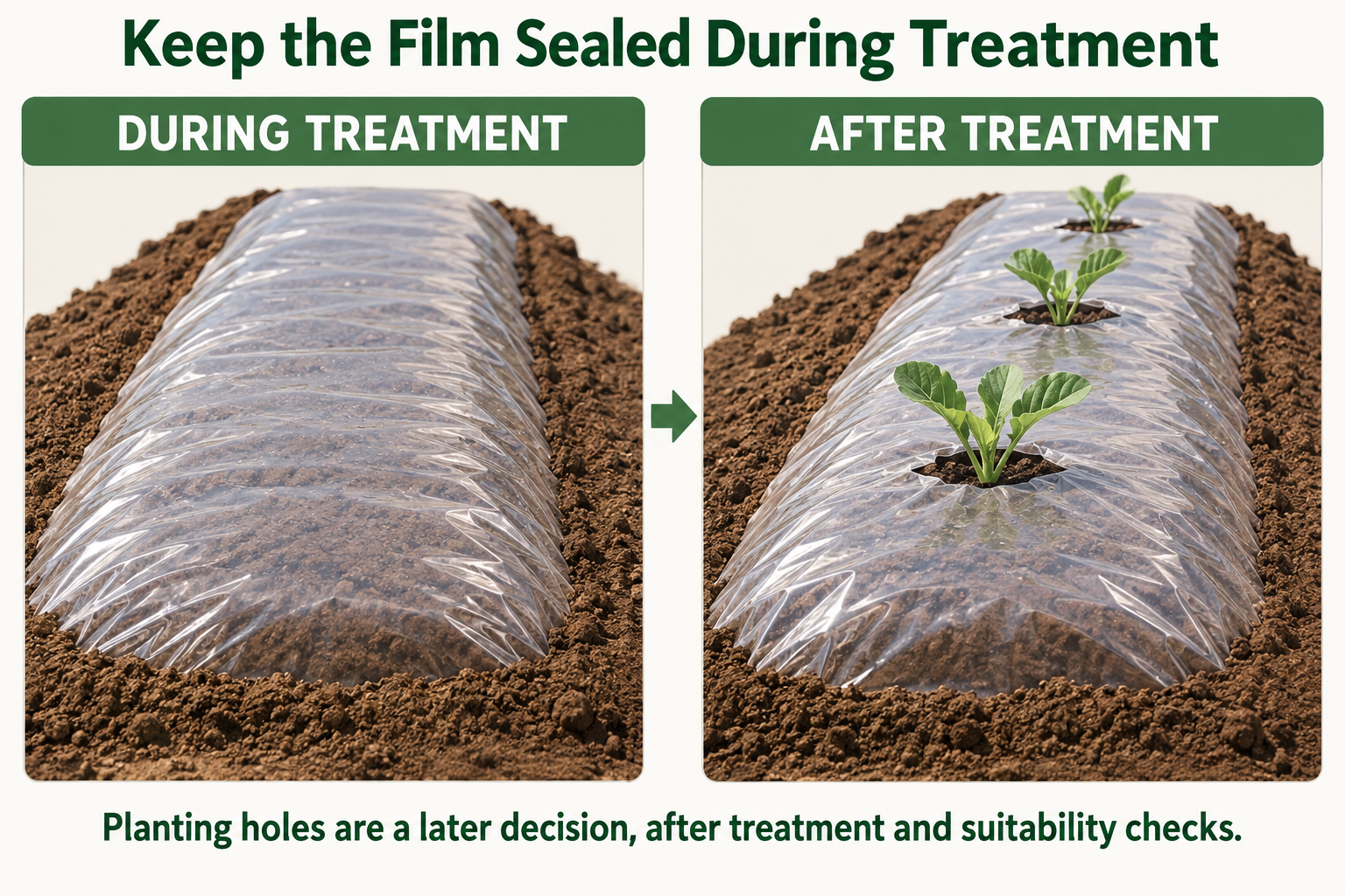 Two stages showing intact sealed clear film during soil treatment and optional planting holes only after treatment