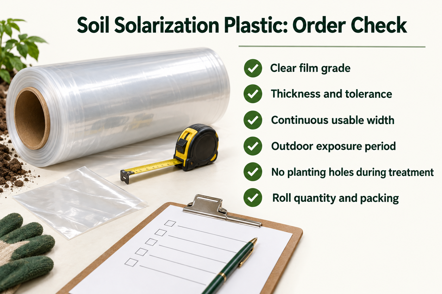 Transparent PE film roll beside an order checklist for grade, thickness, continuous width, exposure, hole status and packing
