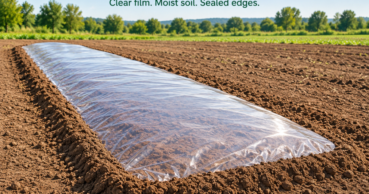 Prepared bare soil covered with continuous clear plastic film and soil-sealed edges for solarization