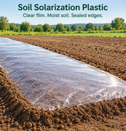 Prepared bare soil covered with continuous clear plastic film and soil-sealed edges for solarization