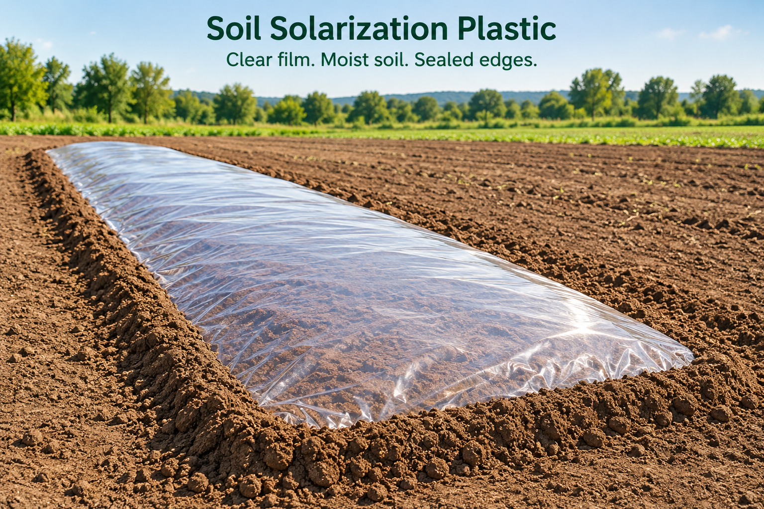 Prepared bare soil covered with continuous clear plastic film and soil-sealed edges for solarization