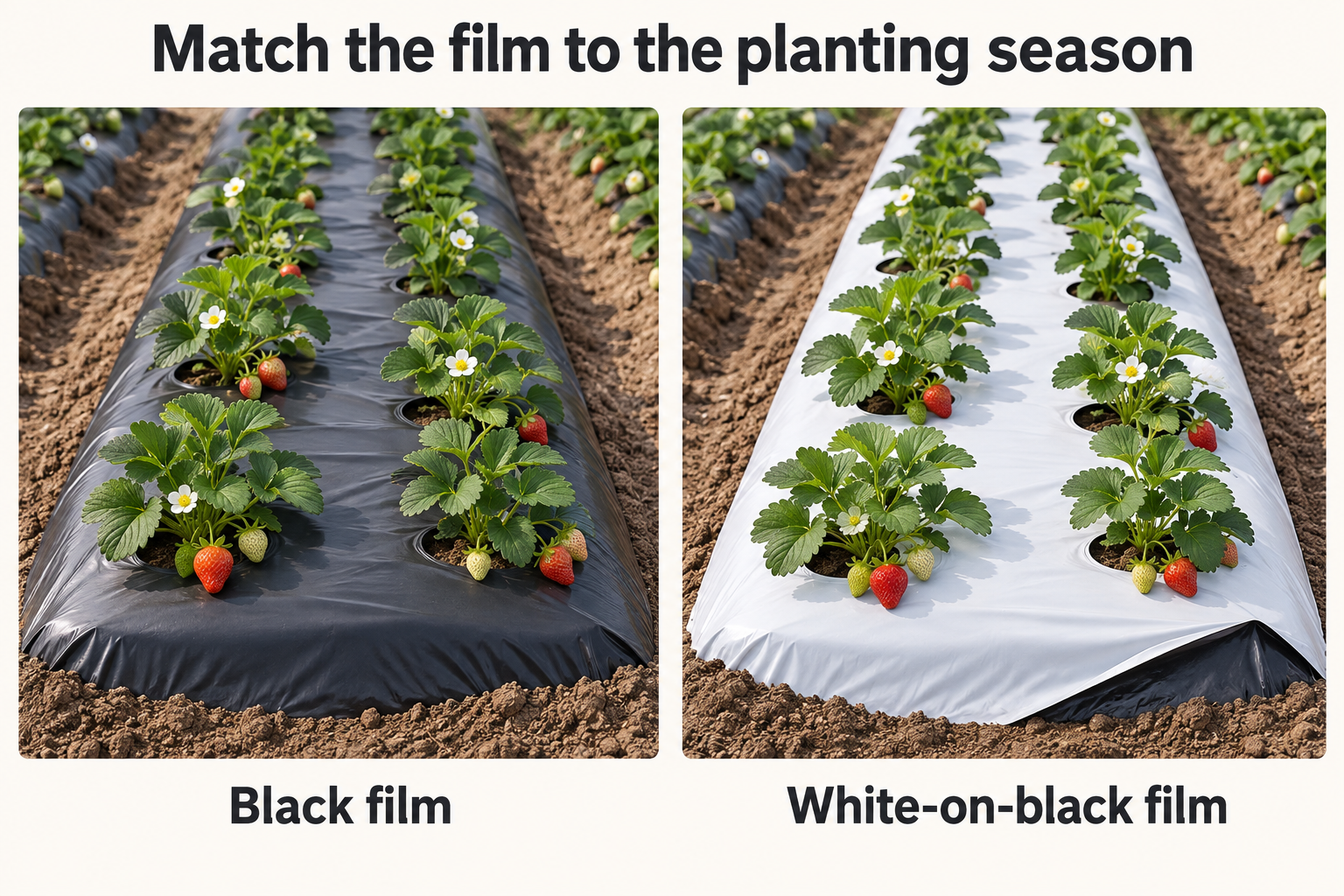 Side-by-side concept illustration of healthy strawberries on black mulch and white-on-black mulch, with a folded corner showing the black underside.