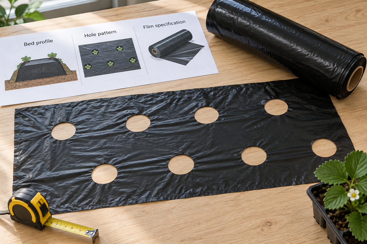 Black mulch sample with two staggered rows of planting holes beside a film roll, tape measure and bed-profile, hole-pattern and film-specification sketches.