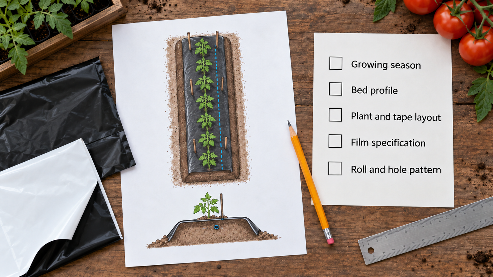 Tomato bed-layout sketch, black and white-on-black film samples, and a checklist for season, bed profile, planting layout and film order details.