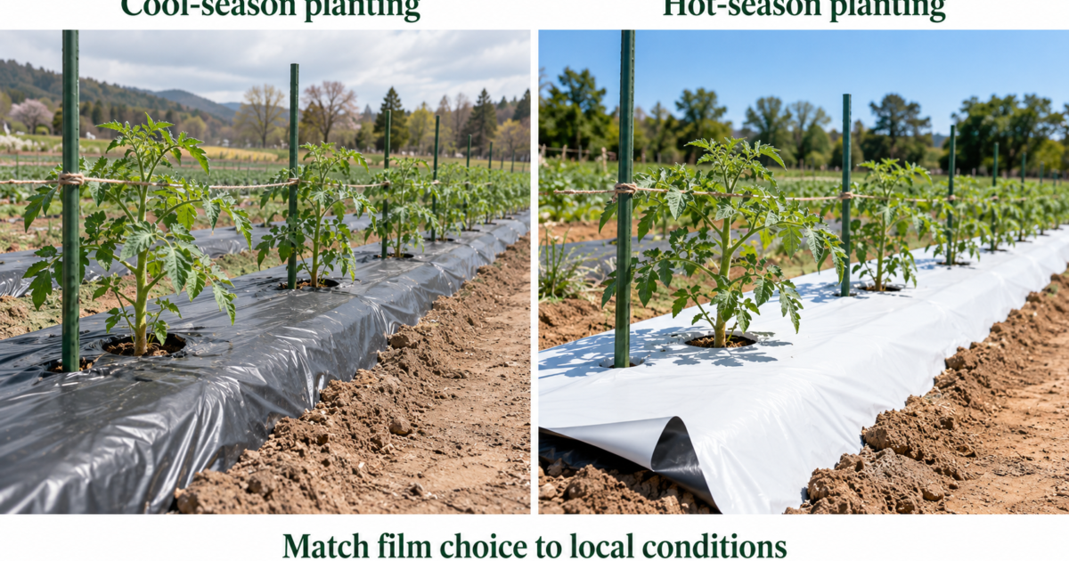 Side-by-side illustrations of black mulch for cool-season consideration and white-on-black mulch for hot-season consideration in tomato beds.
