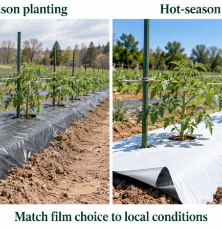 Side-by-side illustrations of black mulch for cool-season consideration and white-on-black mulch for hot-season consideration in tomato beds.