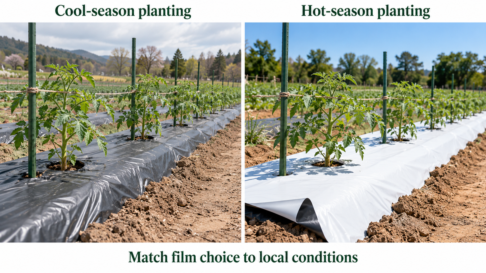 Side-by-side illustrations of black mulch for cool-season consideration and white-on-black mulch for hot-season consideration in tomato beds.
