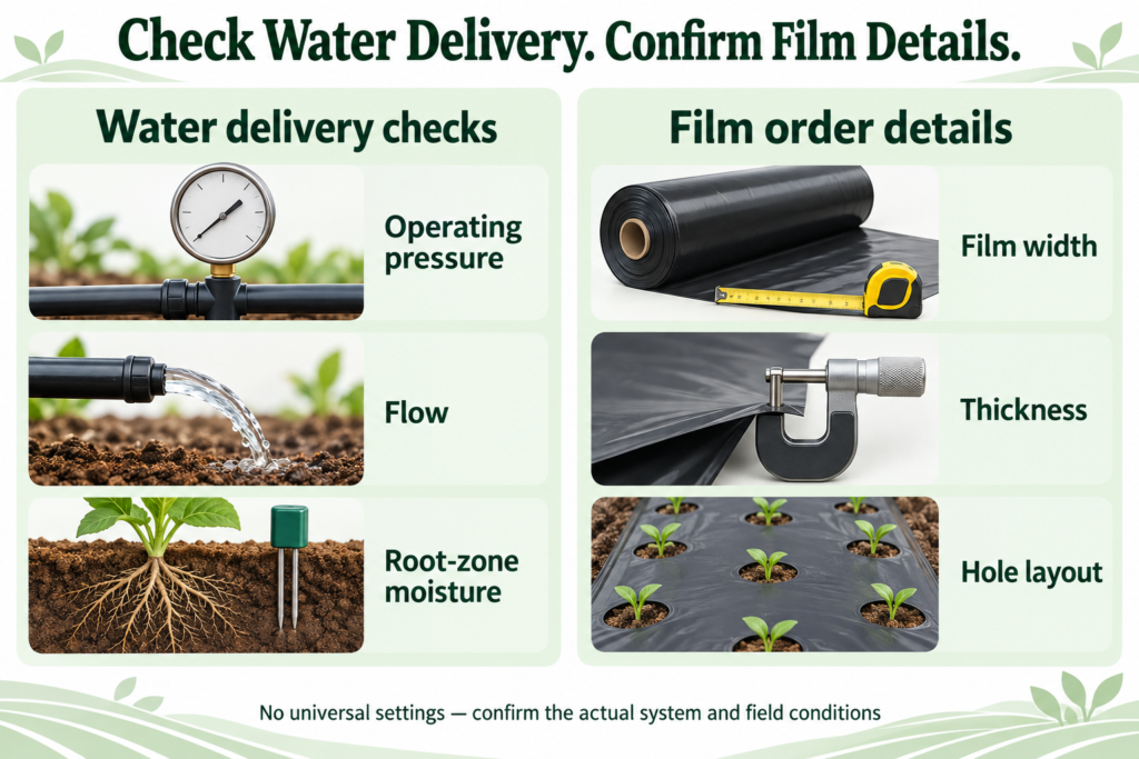 Checklist for operating pressure, flow, root-zone moisture and mulch-film order details.