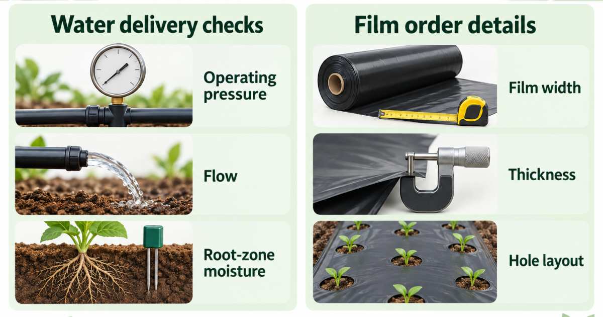 Checklist for operating pressure, flow, root-zone moisture and mulch-film order details.